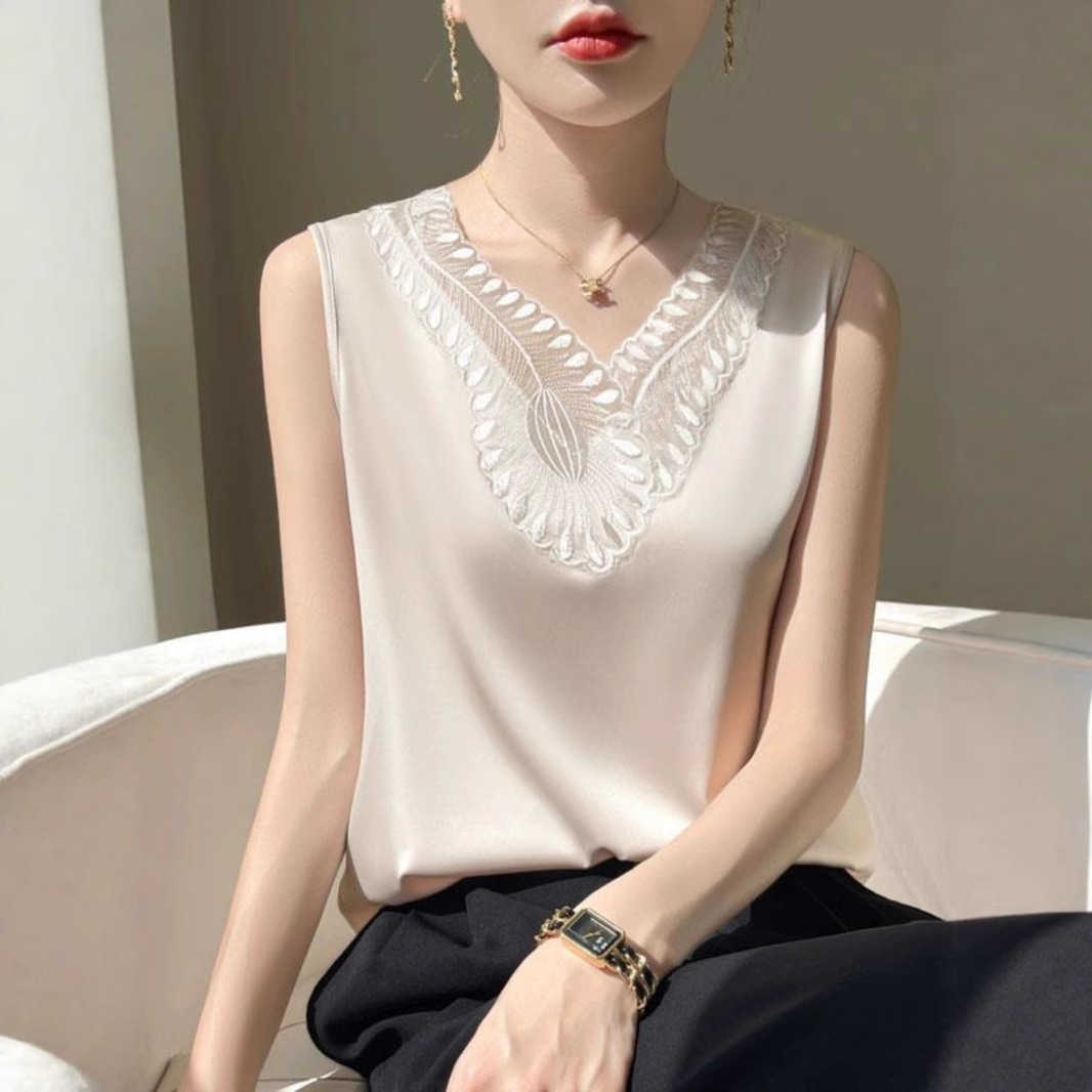 Summer Silk Camisole for Women Acetate Satin Sleeveless Base Shirt Loose Lace Patchwork Blazer Inner Wear L260612