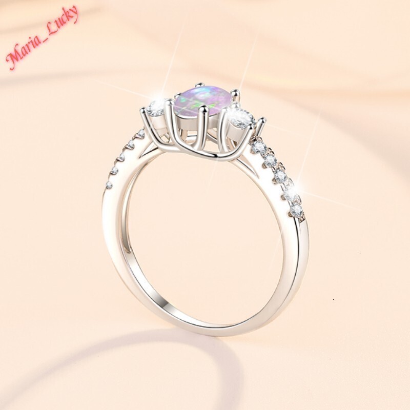 New High Quality 925 Sterling Silver 18K Gold Plated Tone Oval Opal Engagement Ring Iridescent Center Stone With Accent Band Romantic Promise Fine J