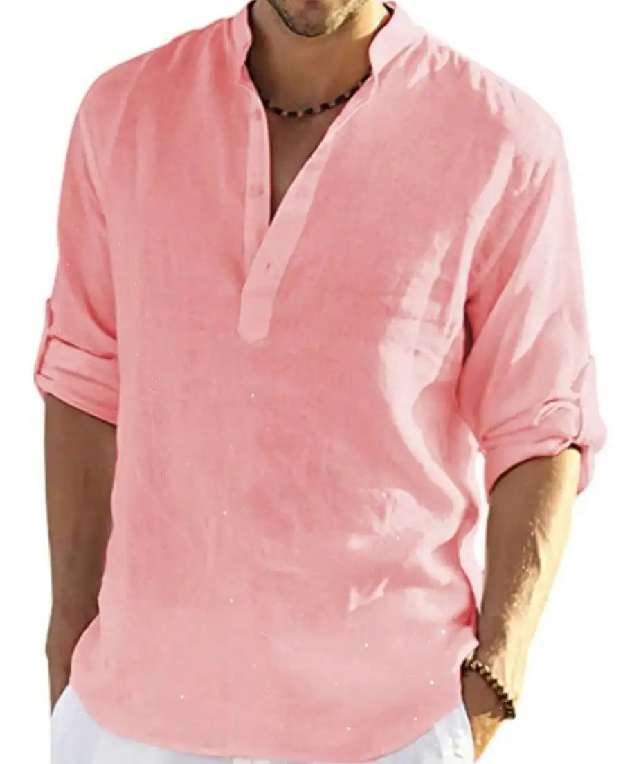 Mens Casual Solid Color Long Sleeve Cotton Linen Blend Shirt With Stand Collar Relaxed Fit 260611