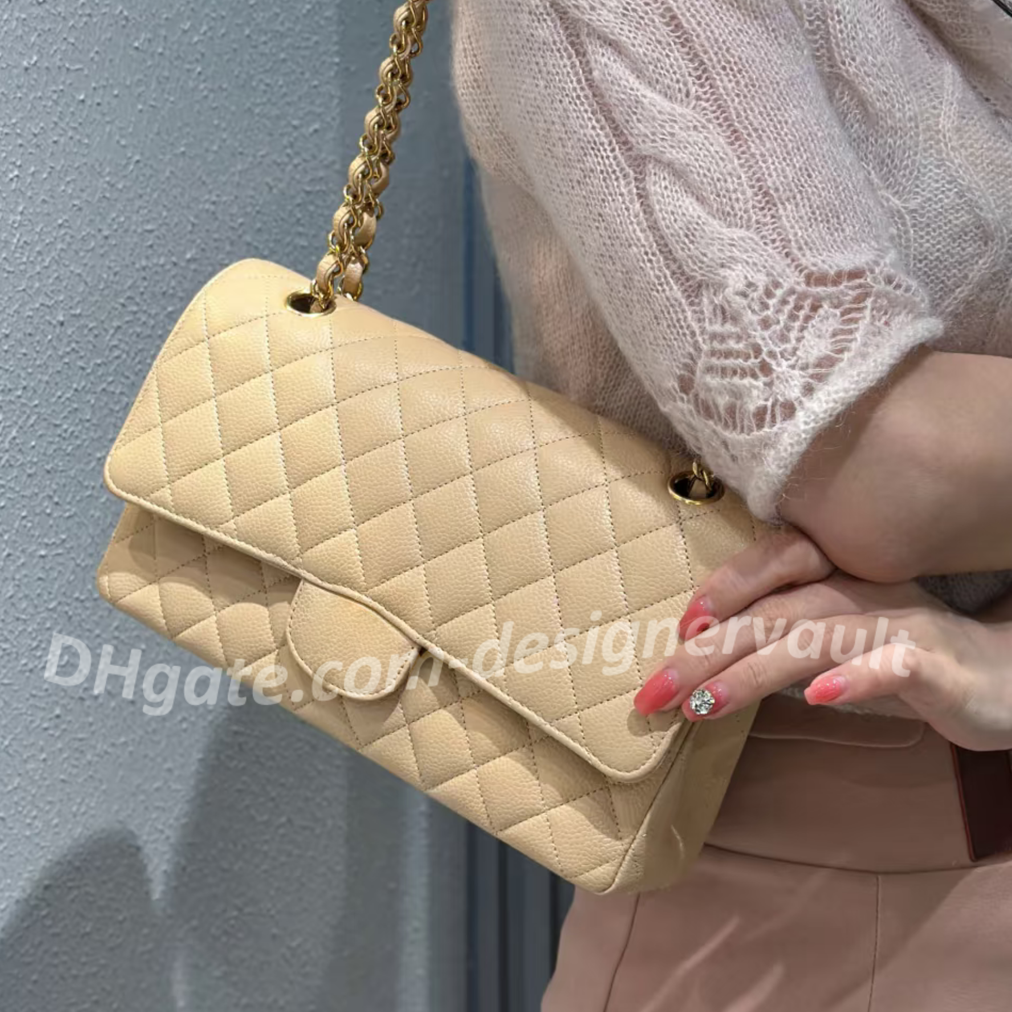 20A Designer Bag Caviar Leather Quilted Flap Shoulder Bag Women Luxury Handbag Genuine Leather Mirror Quality Chain Crossbody Purse Medium 25cm Beig