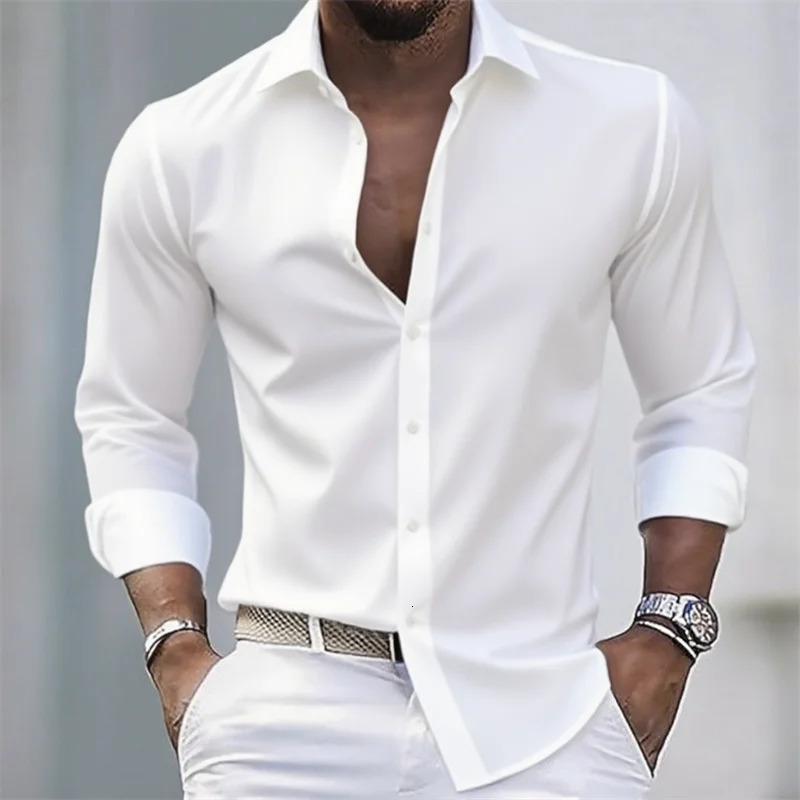 Solid color mens casual white shirt fashionable casual long sleeve stretch fabric business formal shirt comfortable fabric 260608