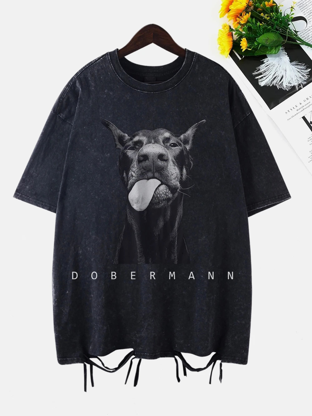 Fashion Creativity Doberman Prints Washed T-Shirt Women Cottontops Distressed O-Neck Oversize T Shirts Vintage Woman Clothes 260612