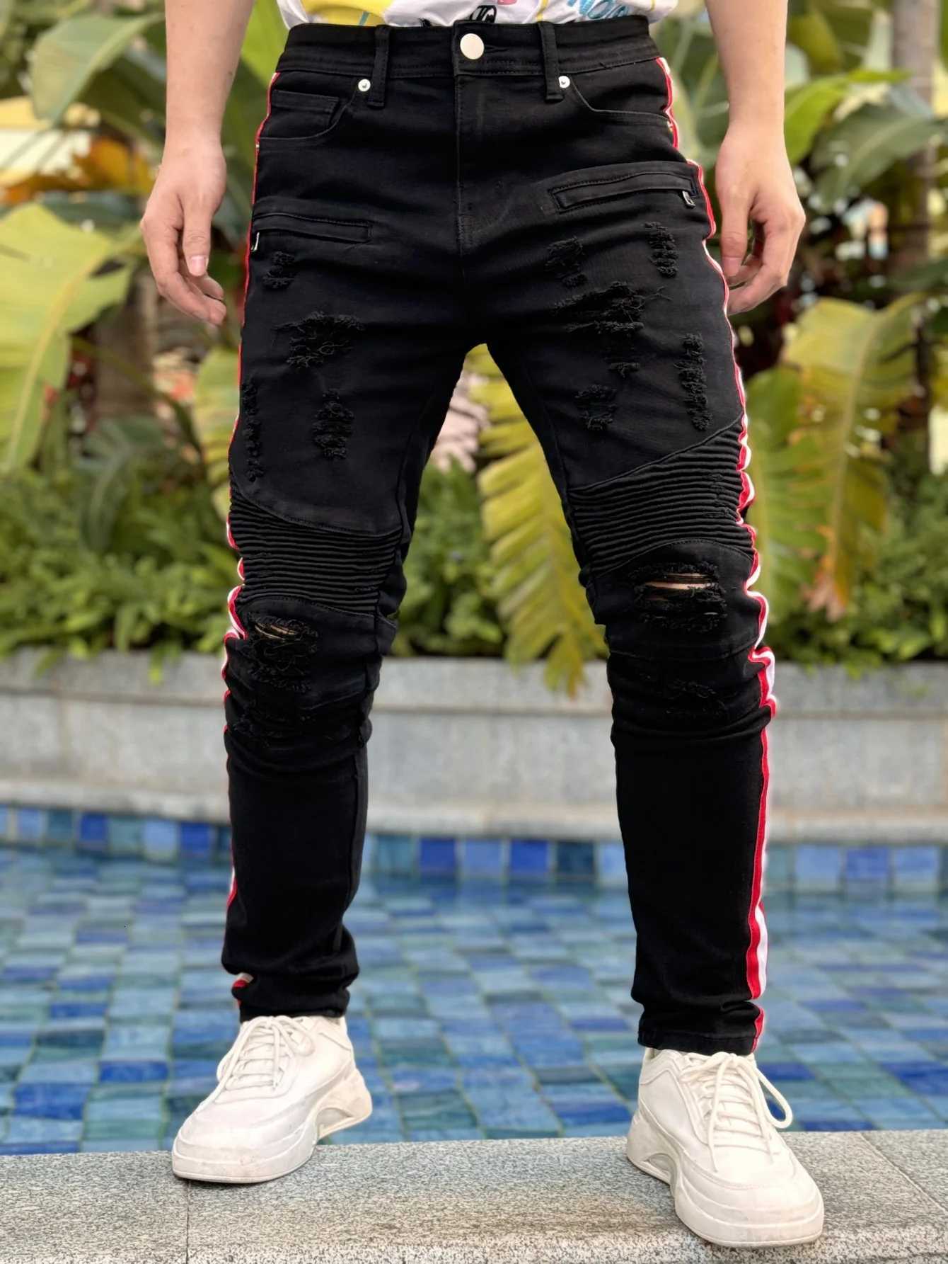 Y2K Mens Denim Hole-out Pants Patchwork Collection - Fashionable Trendy Street Hip-Hop Style Regular Fit Black Cotton Blend T260410