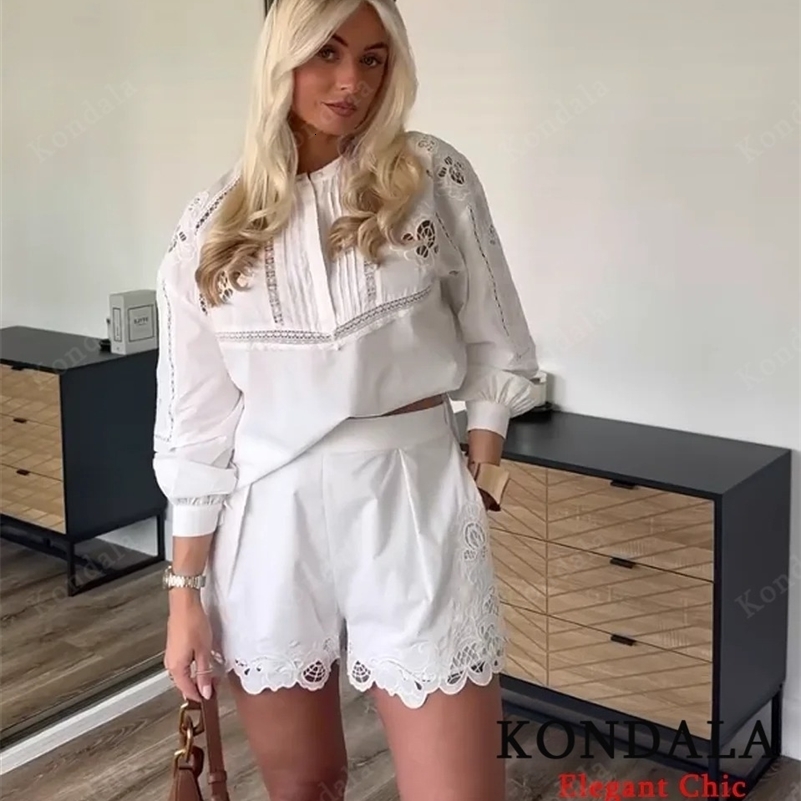 KONDALA Women Elegant Embroidered Set White Shorts Set O-Neck Loose Shirt Lace Shorts Summer Fashion High Street Shorts Set 260612