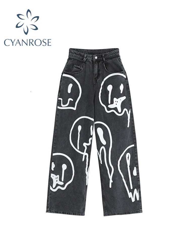 2022 New Spring Fashion Ins Street Hip-hop Printing Wash Jeans Loose Casual Denim Wide Leg Pants Tide Woman Long Trousers T260410