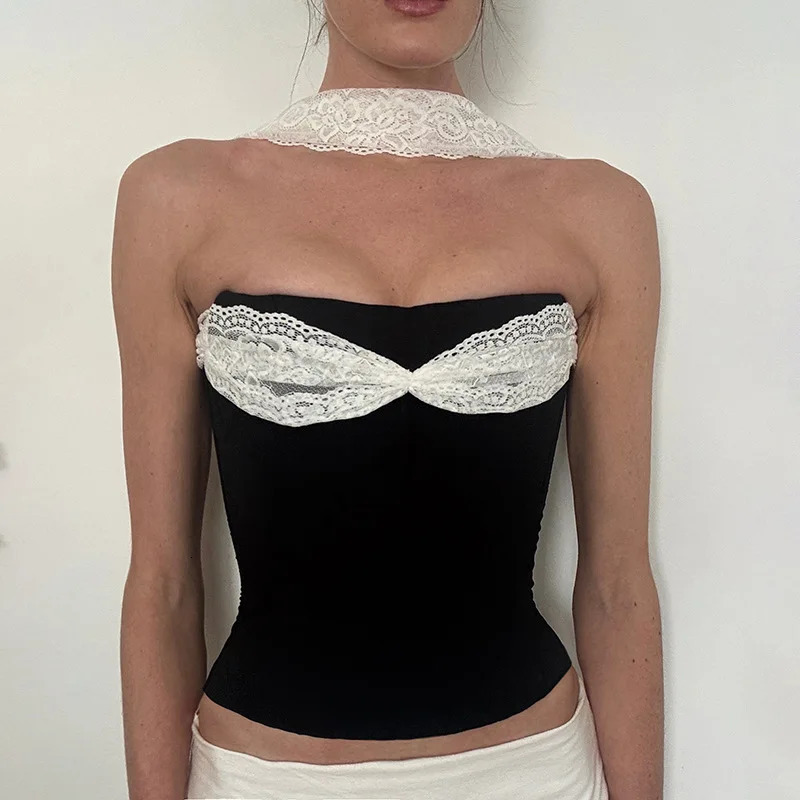 Vintage Y2K Contrast Halter Neck Crop Top Summer Fashion White Floral Lace Collar Black Solid Slim Fit Strapless Tube Camisole 260613