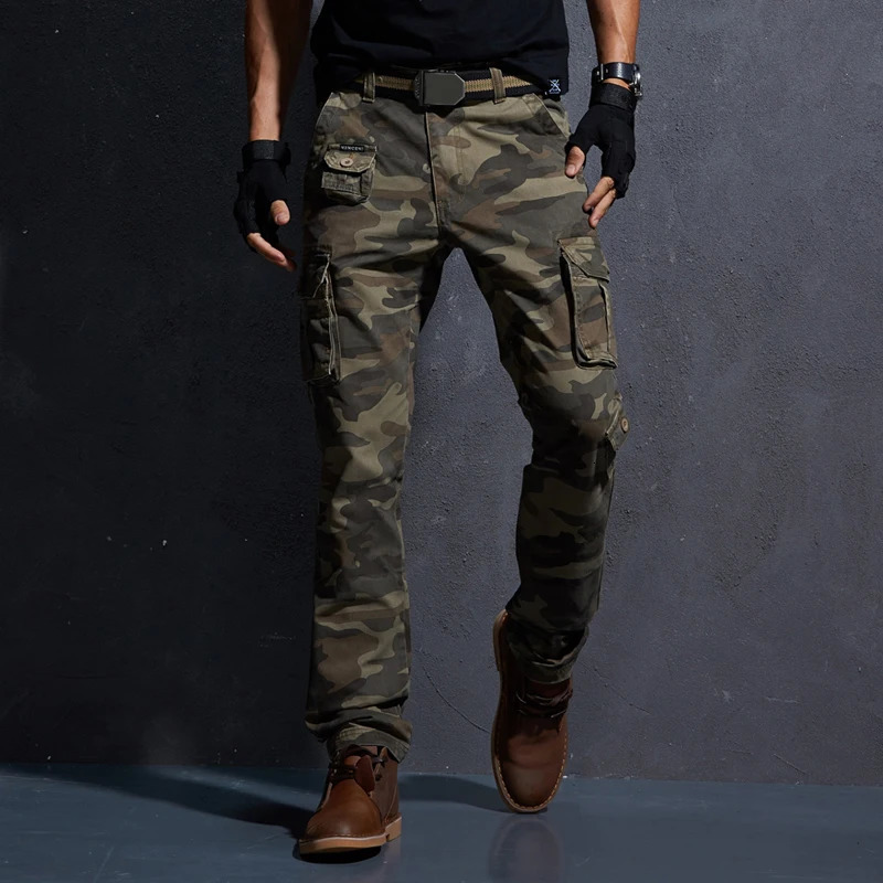 Mens Harajuku Camouflage Cargo Pants 100 Slim Straight Multi-Pocket Durable Outdoor Workwear Casual Trousers 260612