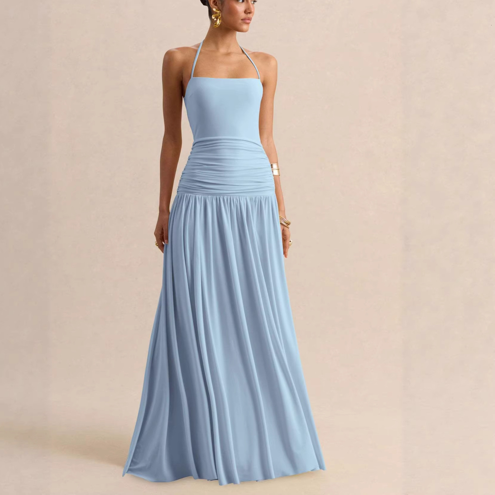 House Of Cb Designer Summer Womens Elegant Solid Color Strapless Halter Neck Backless Ruched Slim Fit Houselys Of Cb Dress Elegant Pleated Design Of