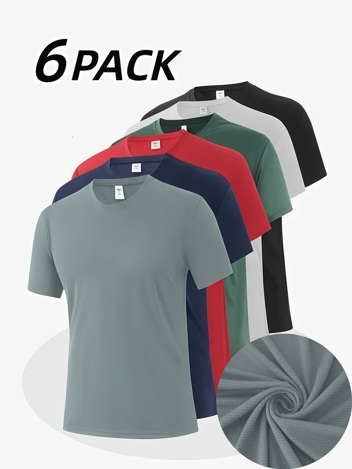 6-Pack Mens Breathable Polyester Crew Neck T-Shirts - Lightweight Moisture-Wicking Short Sleeve Tops in Multiple Colors for Casual Wear and Outdoor