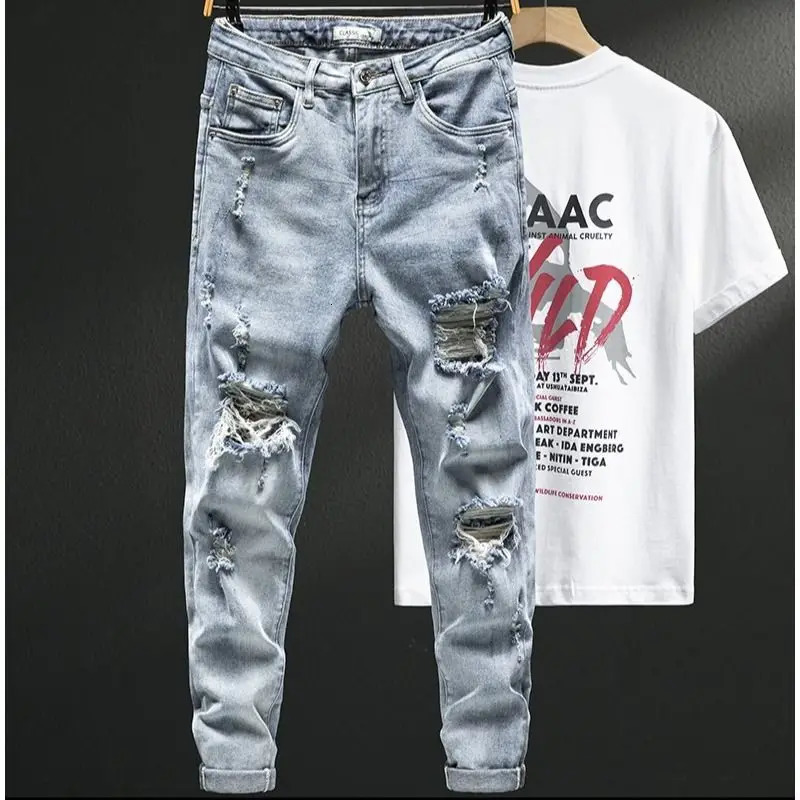 Beggar Big Hole Lightcolored Jeans 2025 Mens Spring and Autumn Korean Slimfitting Small Feet Elastic Distressed Pants 260608
