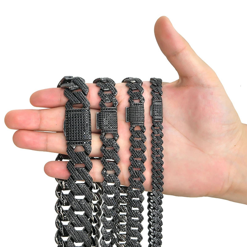 10-20mm wide Hip Hop Black CZ Stone Paved Bling Iced Out Solid Rhombus Cuban Miami Link Chain Necklace for Men Rapper Jewelry 260612