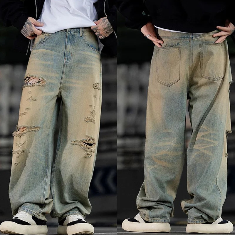 Fashionable Ripped Mens Jeans High Street Vintage Washed Pure Cotton Denim Pants Loose Straight Leg Casual Daily Male Trousers 260612BANJIA
