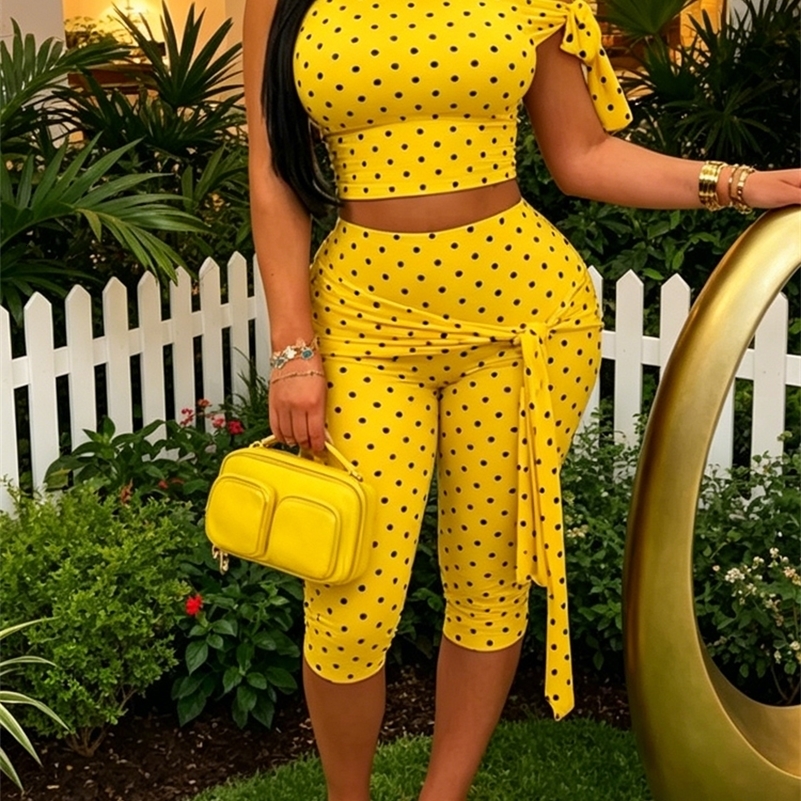 Summer Womens Yellow Polka Dot Two Piece Outfit One Shoulder Crop Top Tie Waist Leggings Set Casual Y2K Streetwear 260612