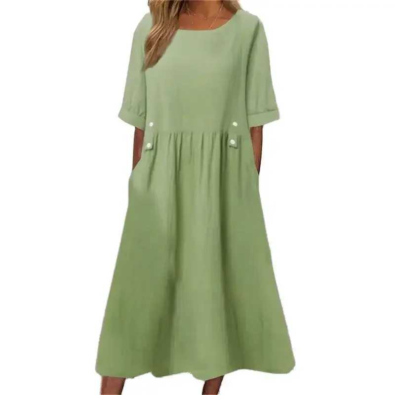2024 Comfortable Cotton Linen Dresses Women High Waist Button Decoration Female Dress Summer Casual Solid Color Half Sleeve Gown T260613