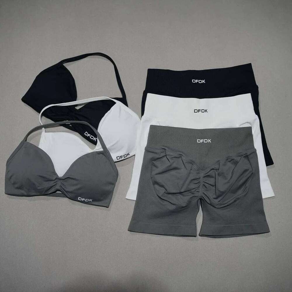 DFDK 2026 New Seamless 2Pcs Set, Lace Up Yoga Bra, High Waist Short Leggings, Gym Running Cycling Sportswear W260613