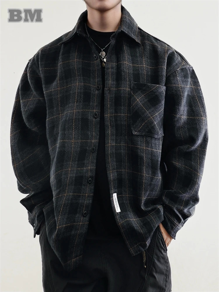 Mens Flannel Shirts American Vintage Streetwear Thick Plaid Oversized Cargo Long Sleeve Loose Fit Casual Workwear Autumn Winter 260612