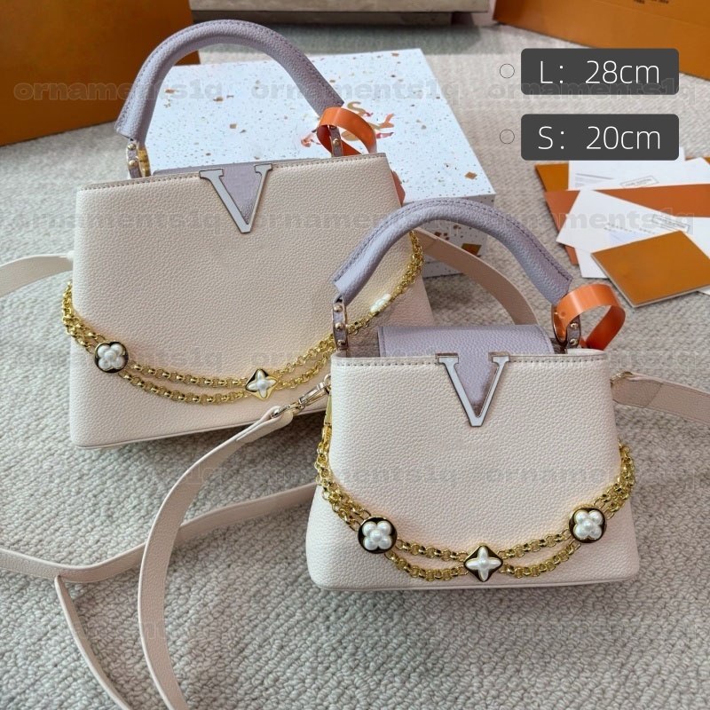 High Quality Leather Top Handle Bag with Pearl & Star Chain, V-Logo Design, Women's Casual Crossbody Shoulder Purse for Daily & Party 2 Sizes A