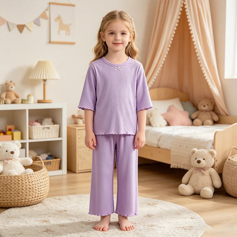 Kids Girls Ice Silk Loungewear Set Sweet Ruffle Sleepwear Soft Breathable Summer Casual Home Pajamas 2 Piece Outfit 260612