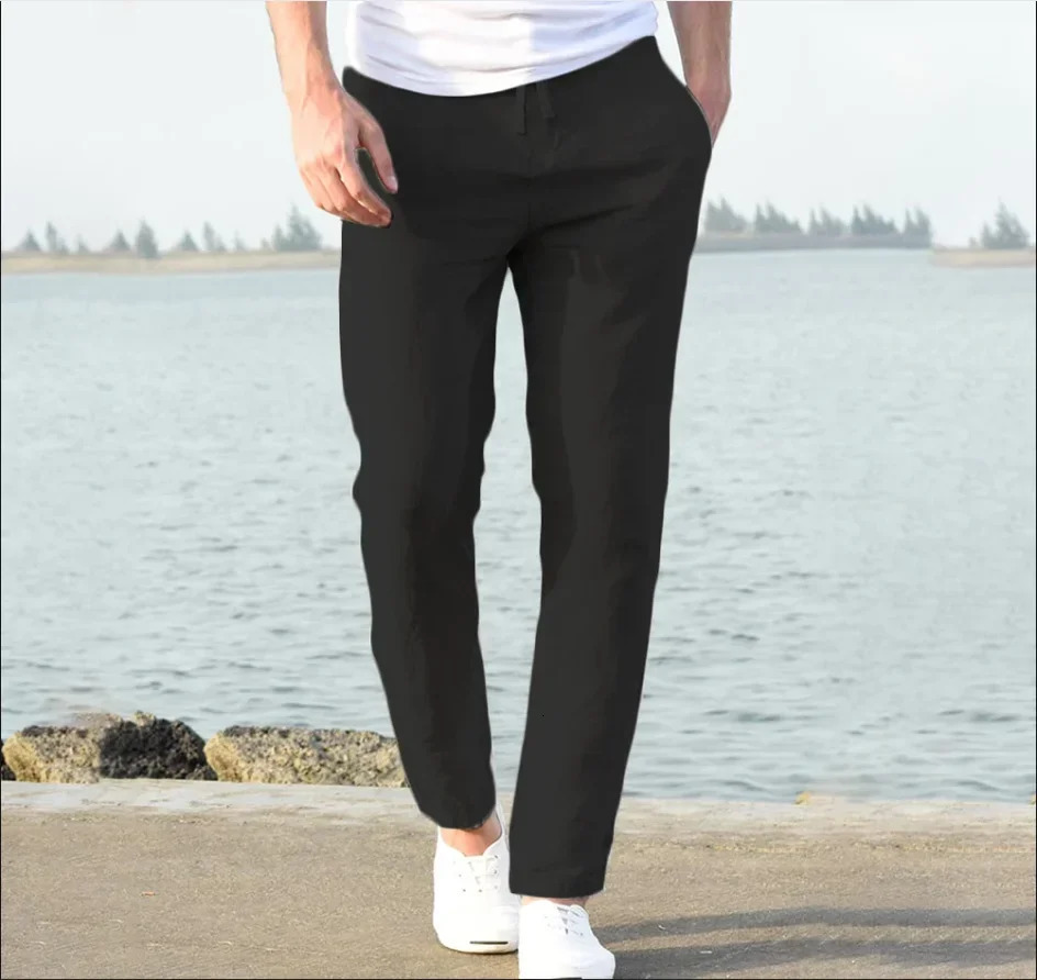 Mens Beach Linen Pants Male Spring Summer Autumn Breathable Solid Color Vacation Trousers Fitness Streetwear Clothing 260612