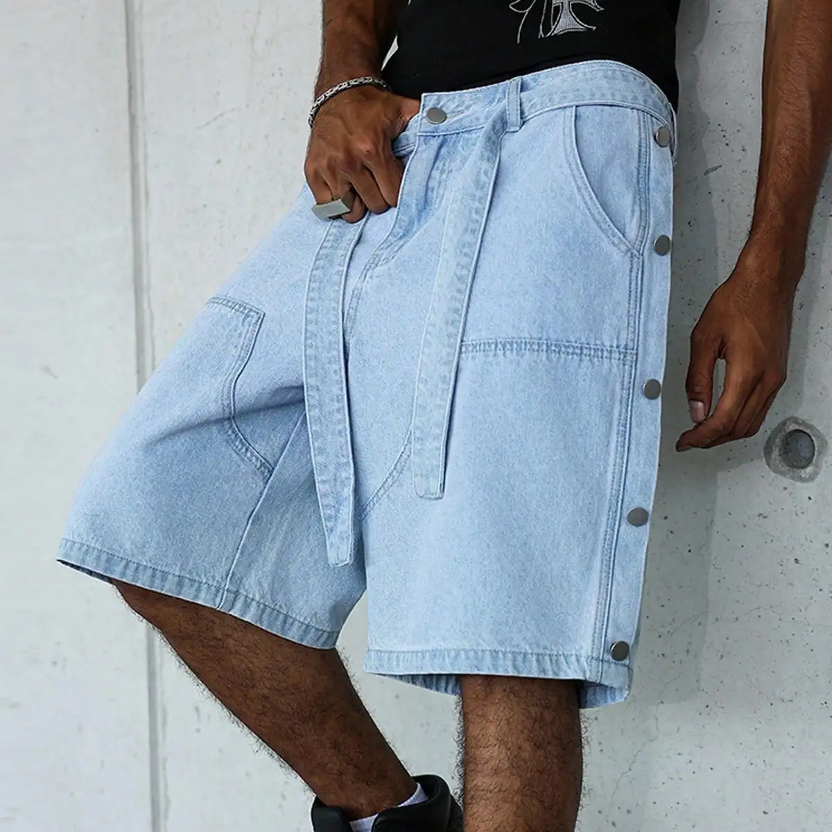Mens loosefit patchwork blue denim shorts with a multibutton n and comfortable breathable streetstyle cut 260609BANJIA