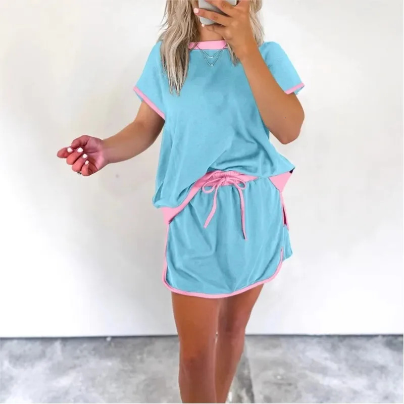 Summer Shorts 2 Piece Set Patchwork Color Contrast Short Sleeve T-shirt Shorts Sports Casual 2pcs Suit Women Outfits 260612