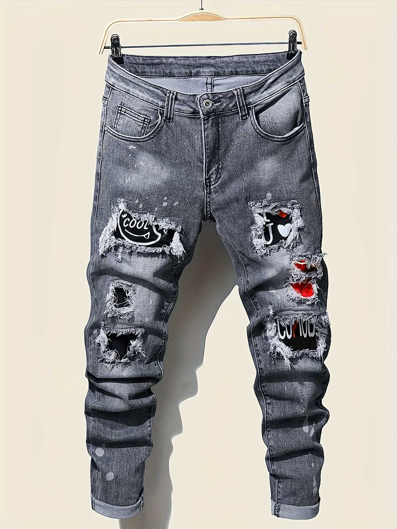 Mens slim fit ripped long denim pants tight jeans with pockets side straps and zippers mens jogging pants ripped stretch T260410