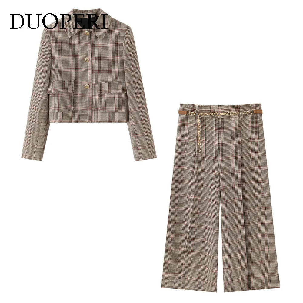 DUOPERI Womens 2 Piece Set Plaid Single Breasted Blazer Side Zipper CalfLength Trousers Casual Female Chic Lady Pants Sets 260613
