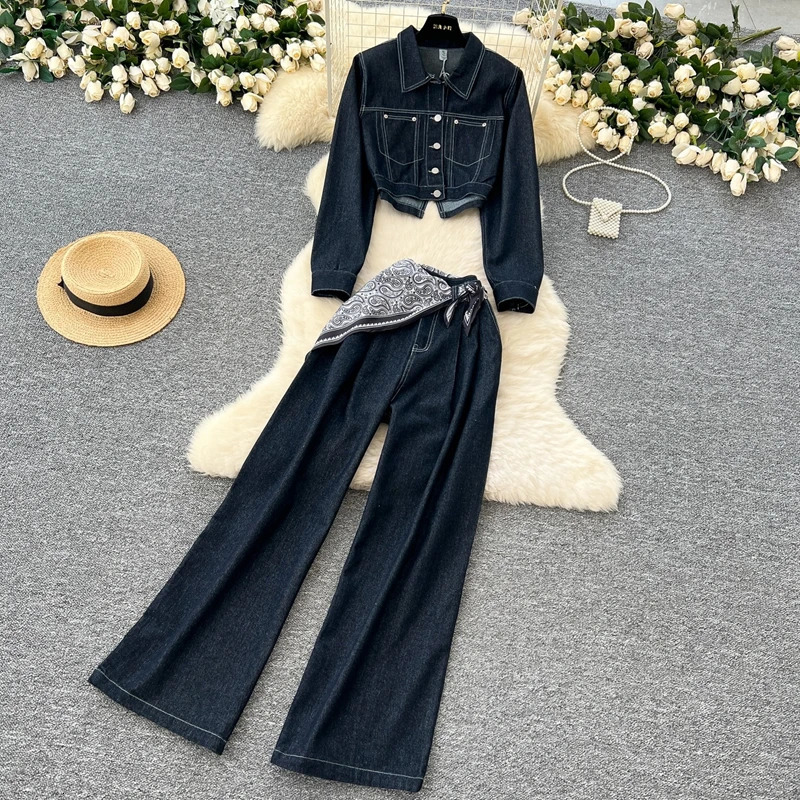 Retro Fashion Suit Womens Loose and Versatile Short Denim Jacket High Waist Casual Wide Leg Pants TwoPiece Set 260609