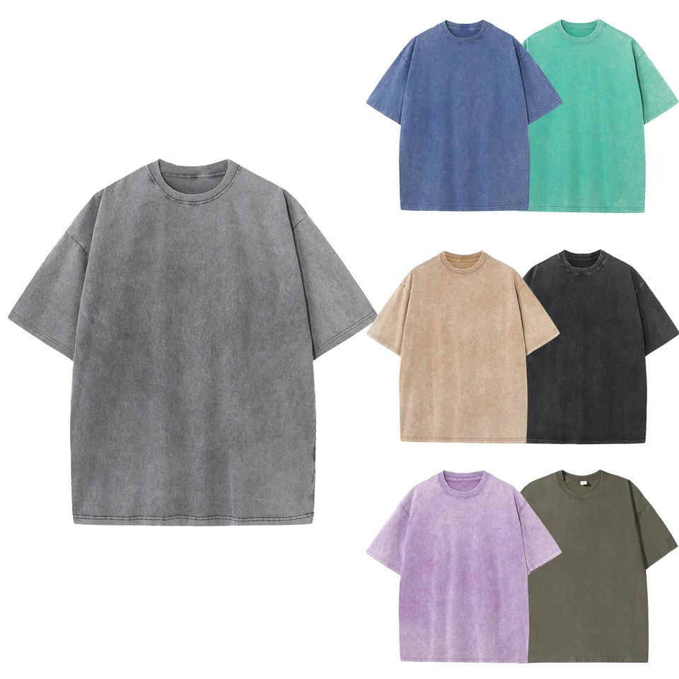 Mens summer pure cotton distressed retro drop shoulder T-shirt solid color loose casual breathable mens casual T-shirt tops 260609