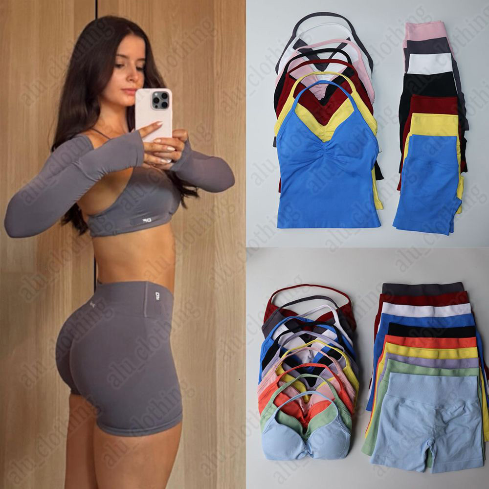 2 Piece Yoga Sports Bra High Waist Workout Scrunch Shorts Impact Gym Set Women Strappy Suit Fitness Clothes Seamless Dyfne Backless Tops Outfit