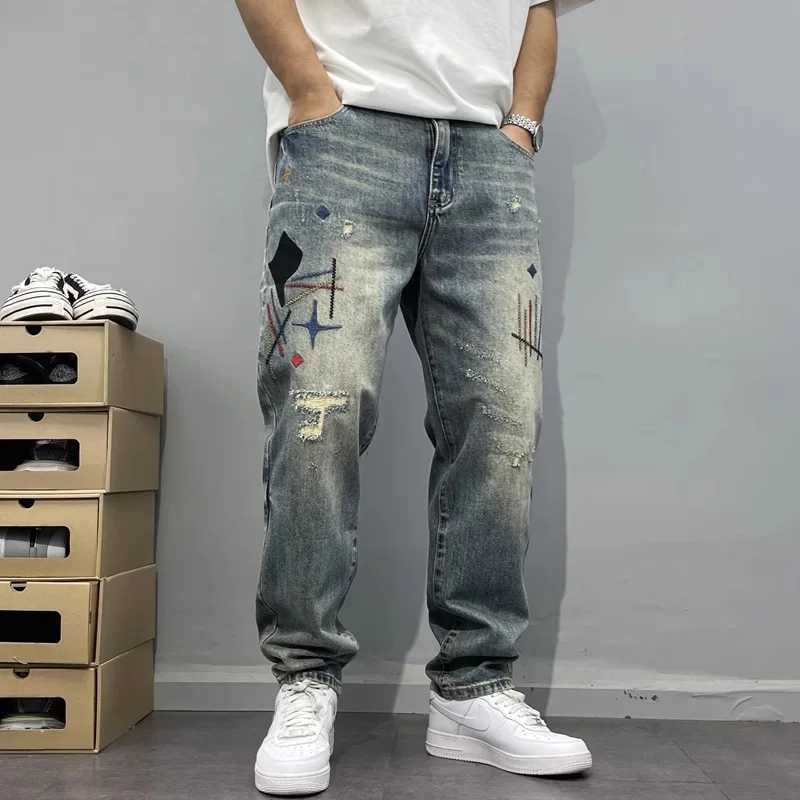 Trendy Edgy And Stylish Mens Jeans With Patchwork Embroidery And Prints Loose-fitting Straight Leg T260410