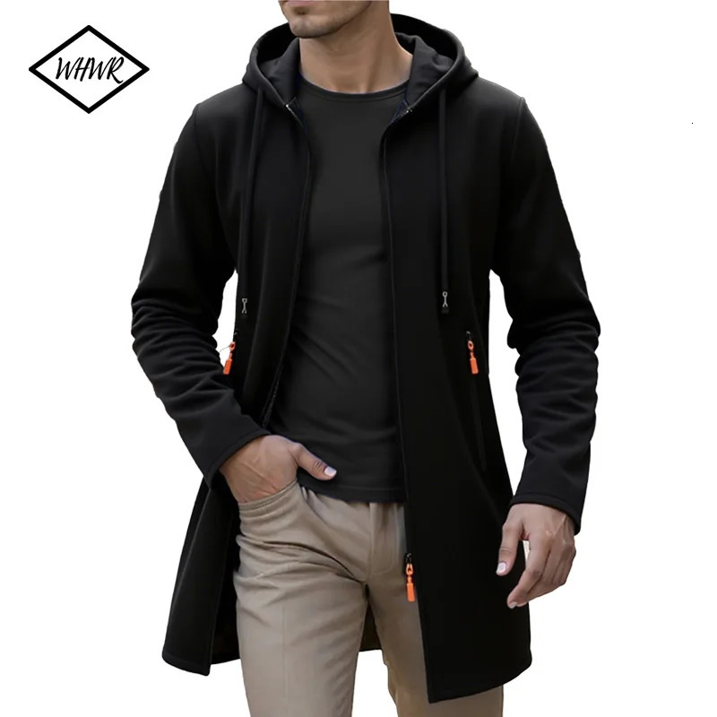 Spring Autumn Mens Hooded Long Jackets Solid Kintting Cardigan Outwear Casual Male Coats Zipper Warm Streetwear Hoodies Jacket 260613