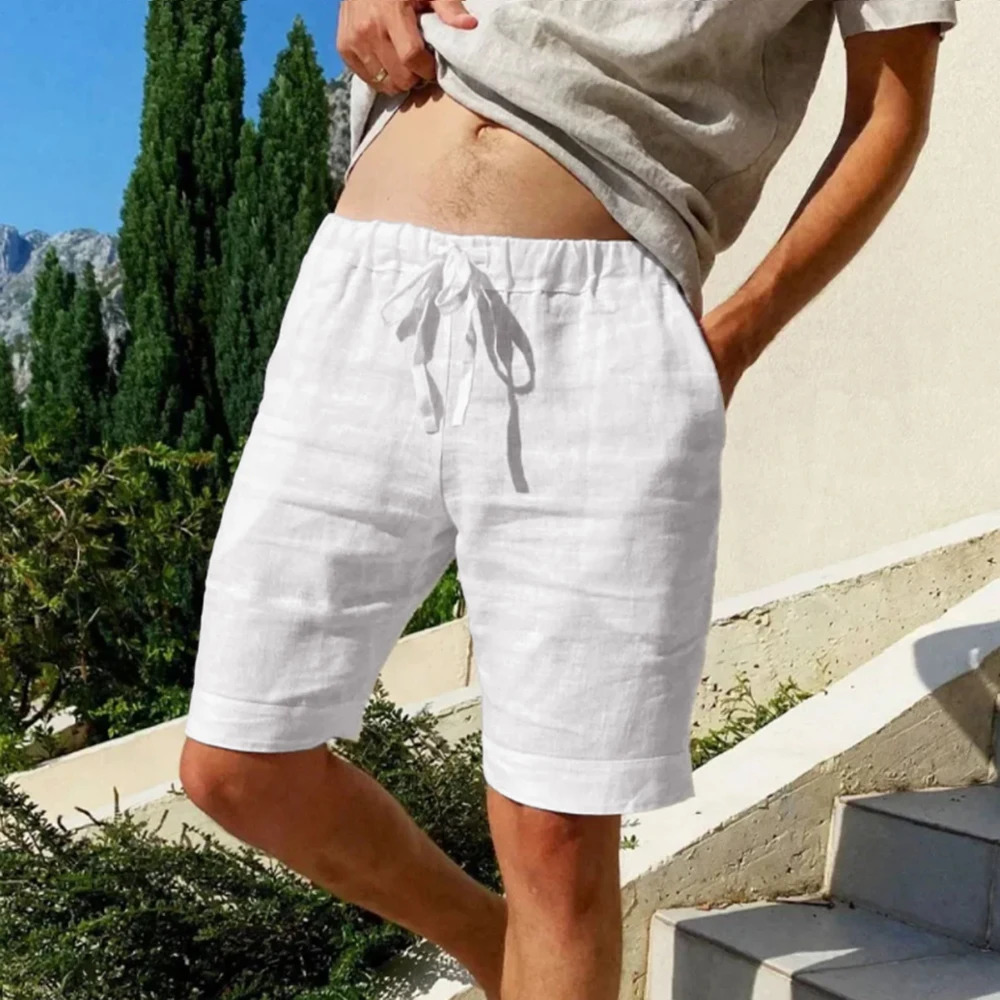 Mens Solid Color Casual Short Pants Beach Breathable Loose Straight Shorts Vintage Lace-up Drawstring Men Shorts 260613