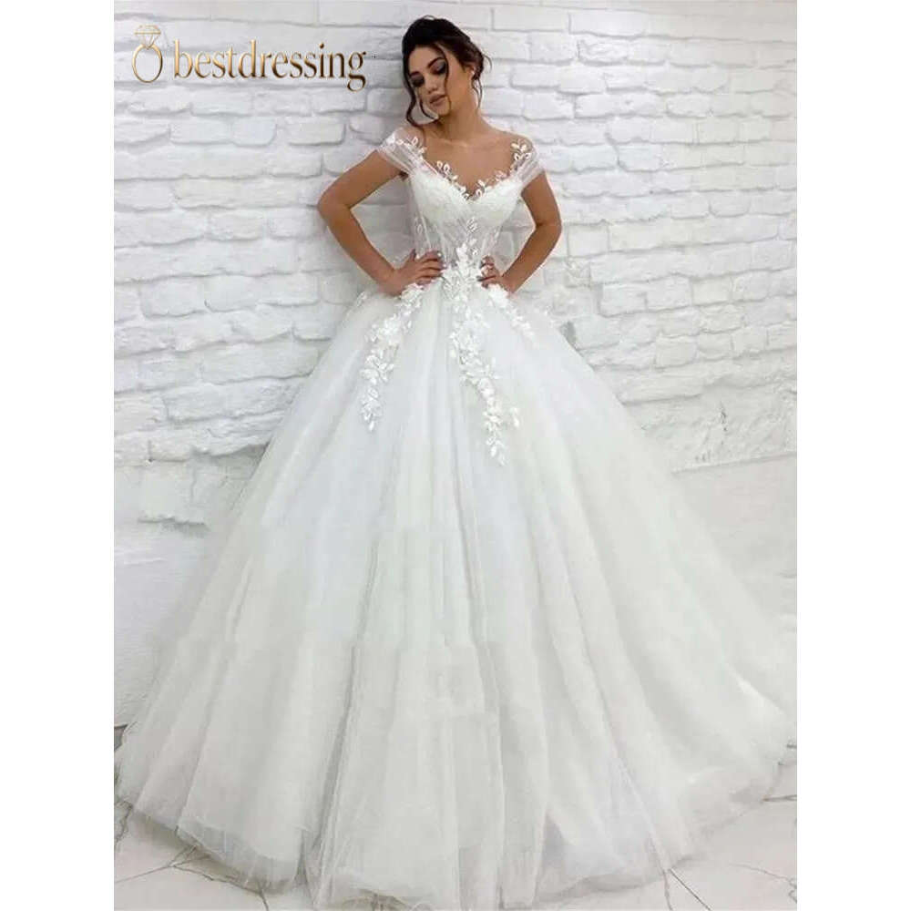 Elegant Ivory Tulle Wedding Dresses Princess A Line Bridal Gowns Sheer Neck Cap Short Sleeves Lace Floral Appliques Bride Dress Back Buttons Robe De
