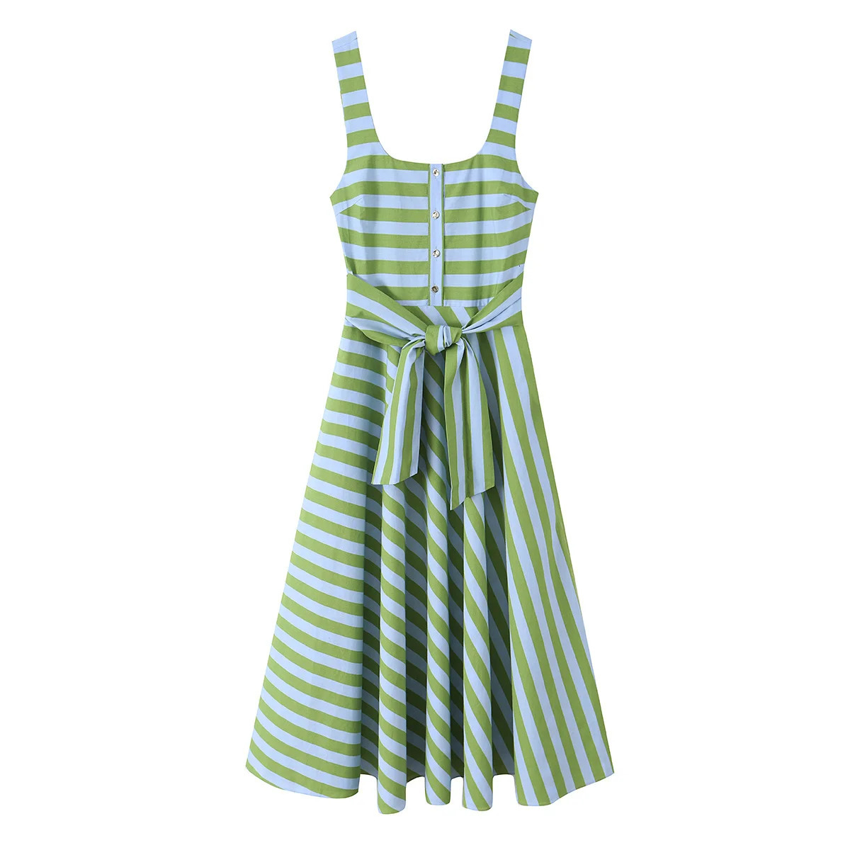 Willshela Women Fashion With Belt Striped Front Button Side Zipper Midi Dress Vintage Straps Square Collar Female Chic Dresses 260612
