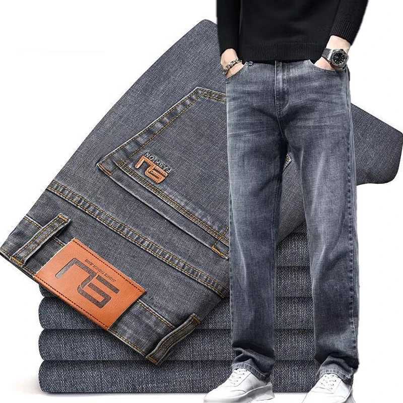 2025 Nuovi uomini moda jeans larghi dritti elasticizzati pantaloni in denim slim fit resistenti all'usura maschili pantaloni casual grigio scuro T26