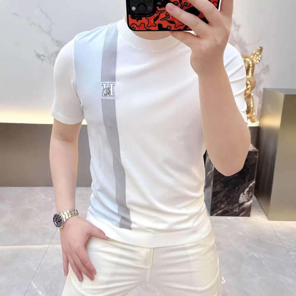 Luxury Brand Designer Clothes 2026 Summer New European Fashion Brand Personalized Color Block Badge Knit Ice Silk Short Sleeve Men's Slim Fit S
