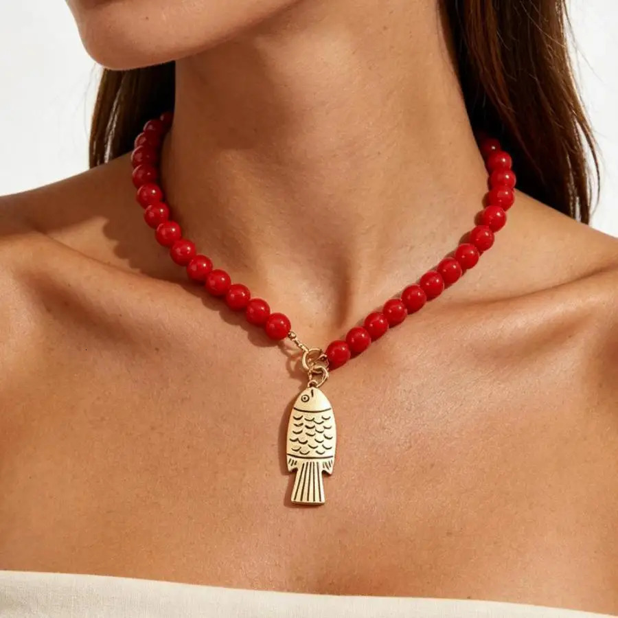 Vacation Style Hand Woven Necklace Women Resin Beaded Fish Pendant Necklace Bohemian Trendy Beach Party Jewelry Accessories Gift 260612