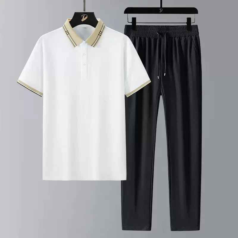 Summer Fashion Trendy Solid Color Ice Silk Sports Short Sleeve Polo Shirt Set Mens Casual Loose Plus Size TwoPiece