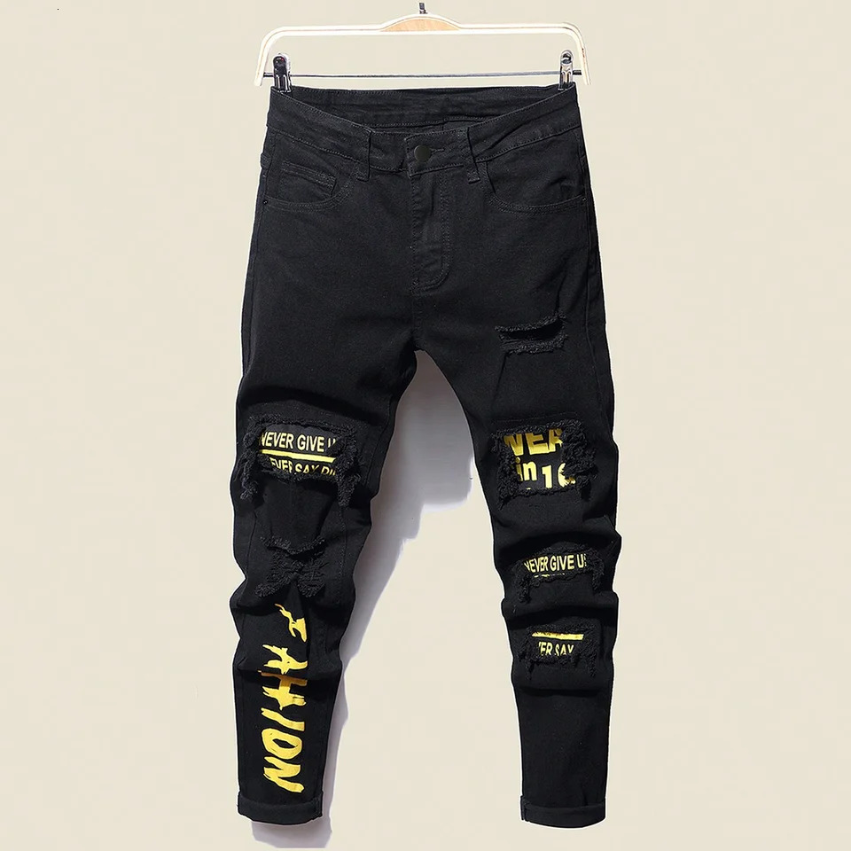 Mens Stretchy Ripped Denim Jeans Slim Fit Straight Trousers Elastic Waist Patchwork Holes Tearing Streetwear Casual Pants 260612BANJIA