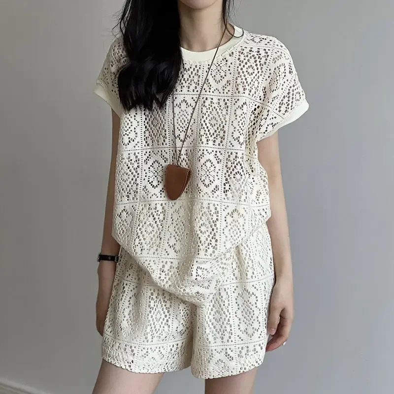 Apricot Hollow Casual Loose Short Sets For Women 2 Pieces Chic And Elegant Tailoring Korean Style Novelties Classic Woma 260612