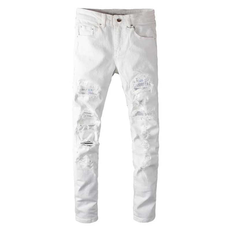 Sokotoo Mens White Crystal Holes Ripped Jeans Fashion Slim Skinny Rhinestone Stretch Denim Pants T260410