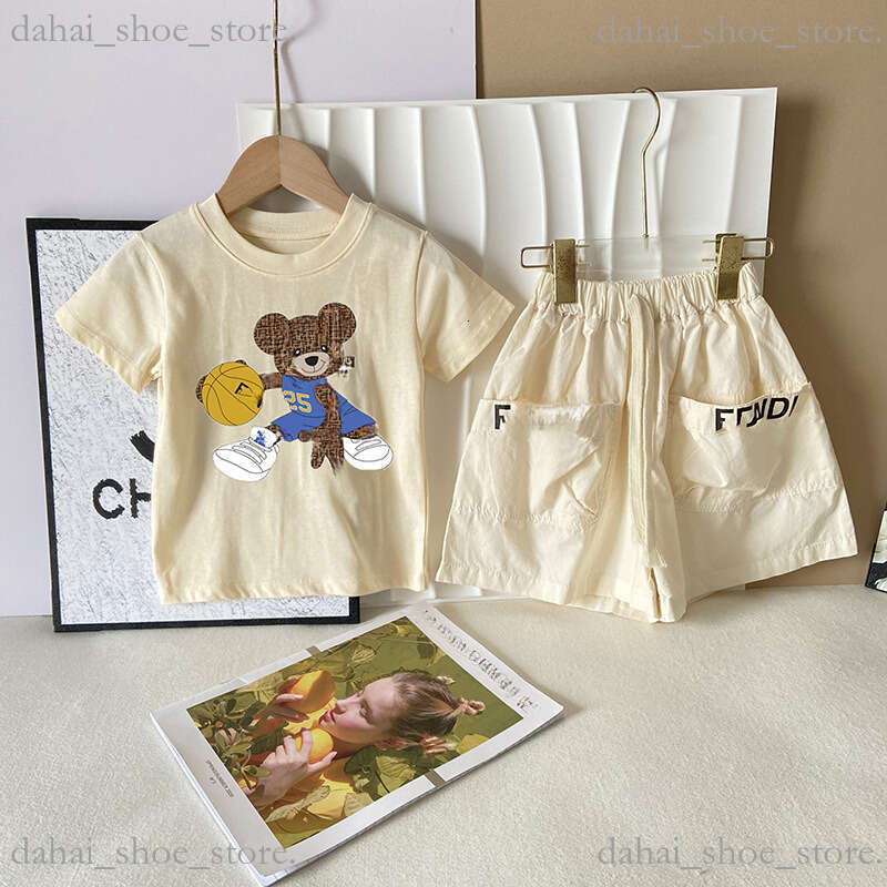 New 2026 Kids Clothing Stylish Bear Short Sleeve Summer New Boyscotton Tshirt Cargo Pants 2Piece Set Isn Boys Correct Style
