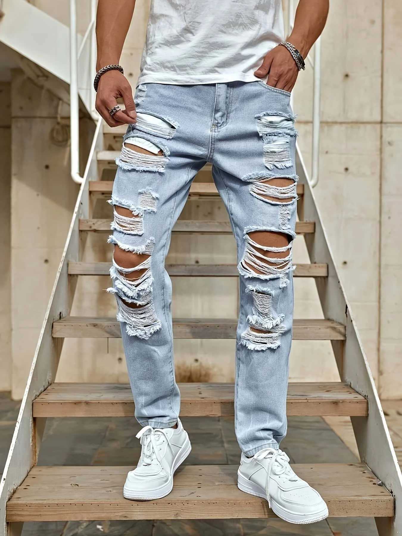 Mens Ripped Non-Stretch Jeans - Distressed Streetwear Loose Fit Denim Hip-hop Style Regular Length All-Season Comfort T260410