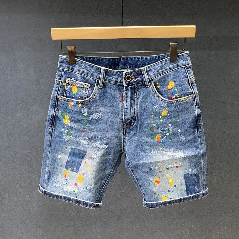 2025 Summer Fashion Trend Printed Ripped Straight Stretch Jeans Mens Casual Loose Sports High Quality Denim Shorts 2836 260608