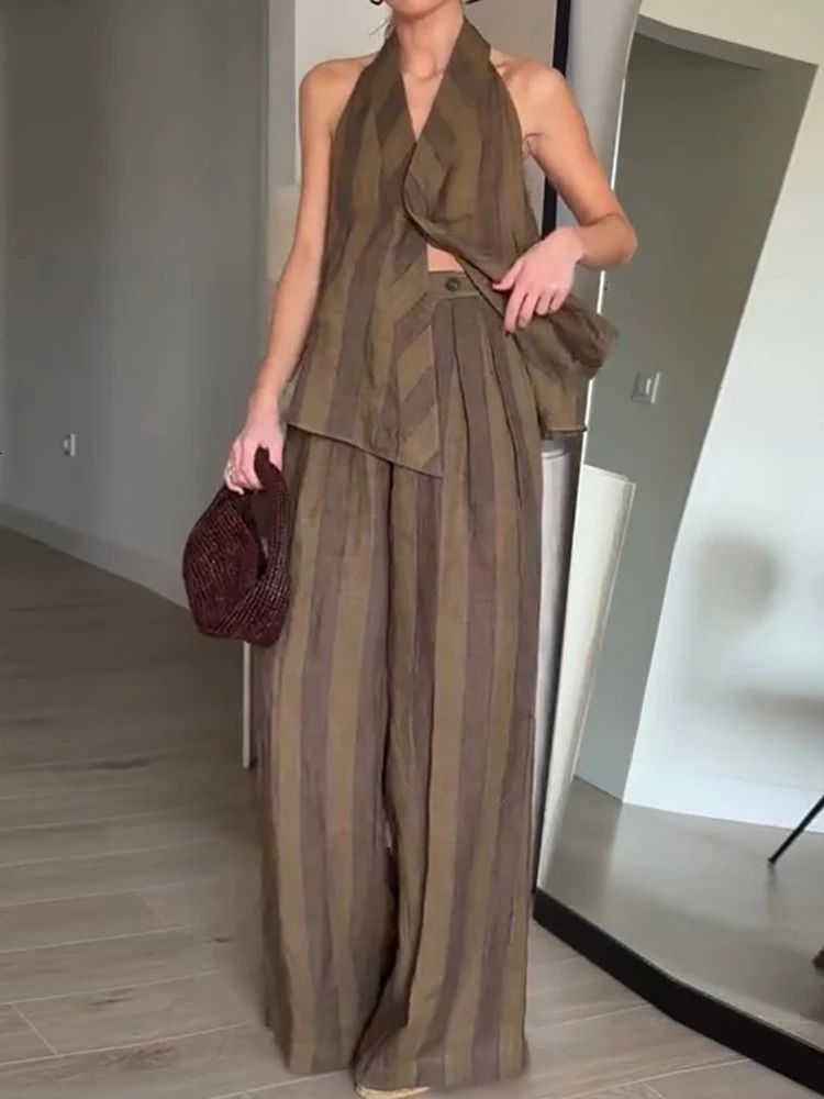 Womens Summer Halter Backless Sleeveless Top And Wide Leg Pants 2PCS Set Striped Patchwork Loose Casual Streetwear Outfit 2026 260609