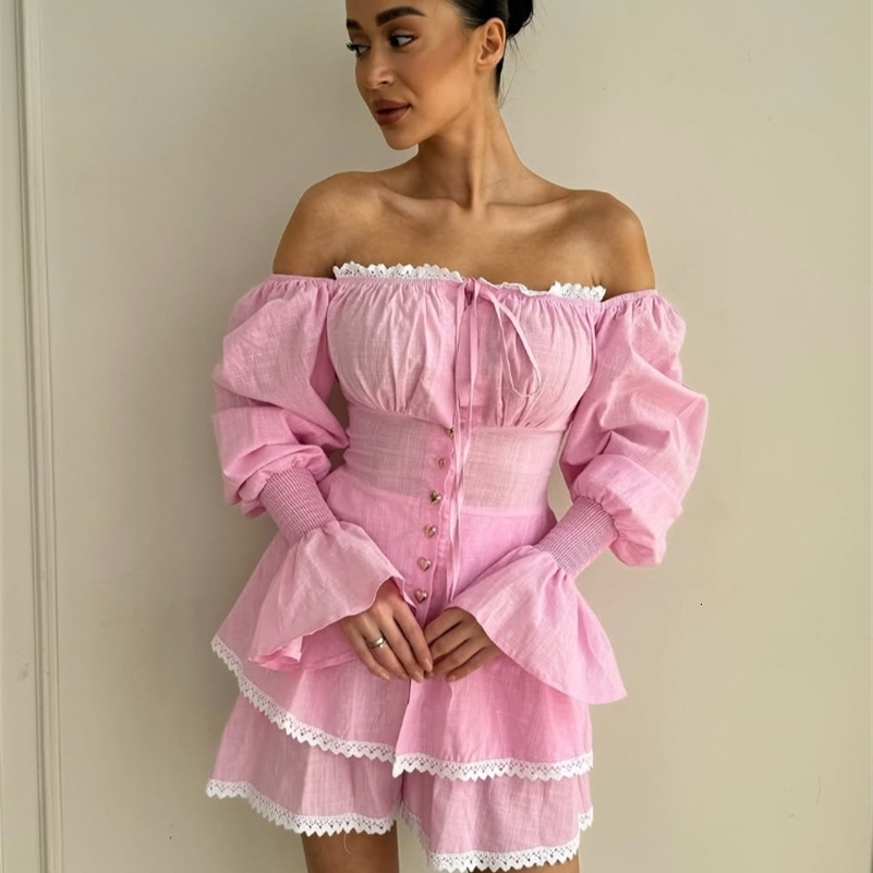 One Shoulder Strap Lace Shirt Shorts Women Set Trumpet Sleeve Top Straight Tube Shorts Summer Lady Vacation Travel Suit 260612