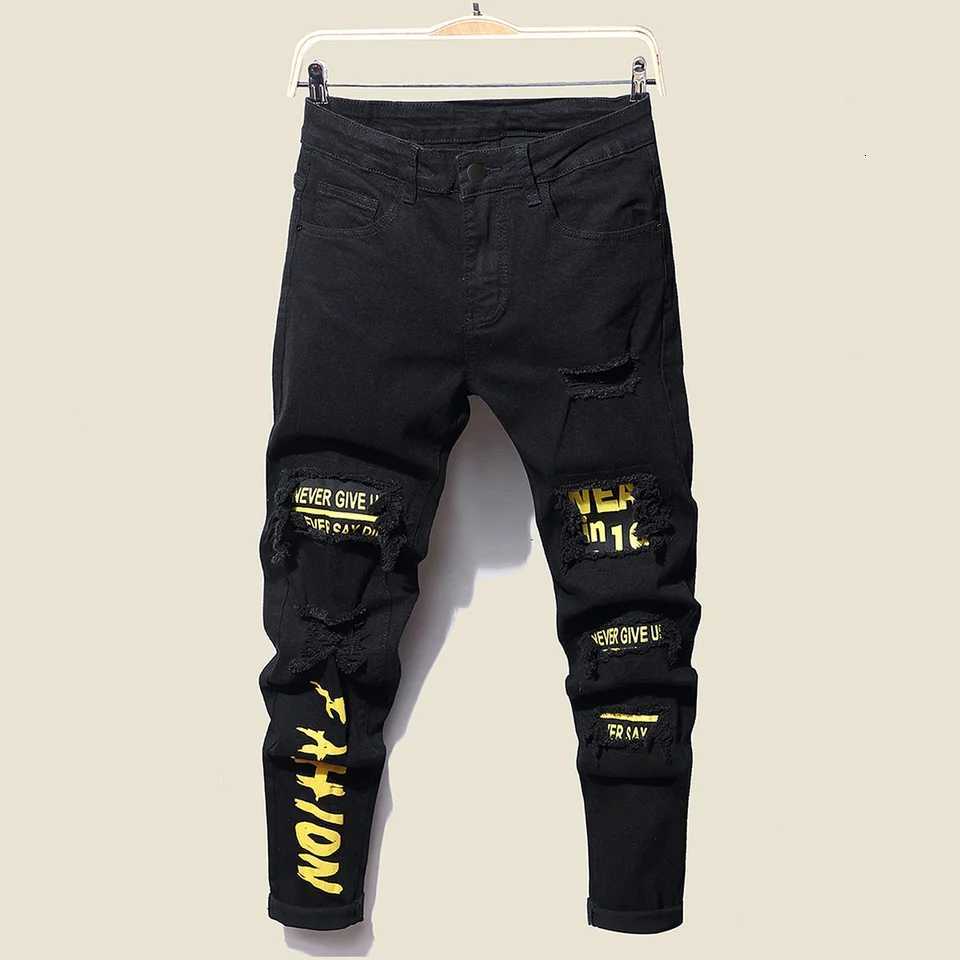 Mens Stretchy Ripped Denim Jeans Slim Fit Straight Trousers Elastic Waist Patchwork Holes Tearing Streetwear Casual Pants T260410