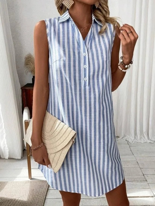 Womens Summer Sleeveless V-Neck Button Striped Shirt Dress Casual Short Daily Wear Comfortable Fashion 260612