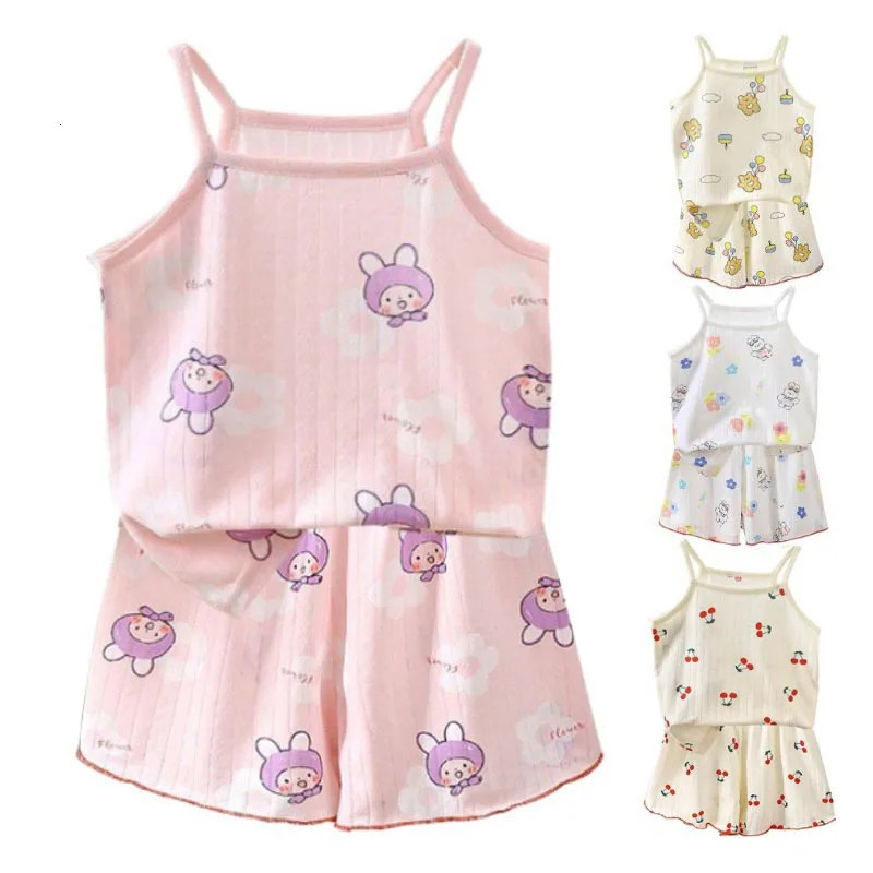 Summer Camisole Sling TopsShorts 2-Piece Set Girls Soft Cotton Pajamas Fashion Cartoon Print Kids Home Clothes Casual Suit 260612